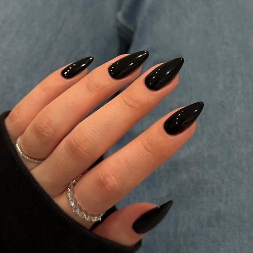 KQueenest 48 PCS Almond Press on Nails Medium Length,Press on Black Nails,Solid Color Medium Fake Nails Acrylic,Stiletto Nails Glue on,Long-Lasting Gel Stick on Nails for Women Girls Finger Decoration