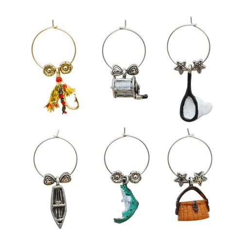 Wine Things 6-Piece Wine Charms/Wine Glass Tags/Drink Markers for Stem Glasses, Wine Tasting Party (Gone Fishin')