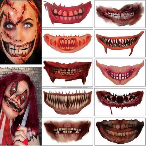 Halloween Tattoo Stickers, 10 Styles Halloween Prank Makeup Temporary Tattoo Halloween Clown Horror Mouth Face Tattoo Sticker Decals Prank Props for Halloween Cosplay Party DIY Decorations (Colorful)