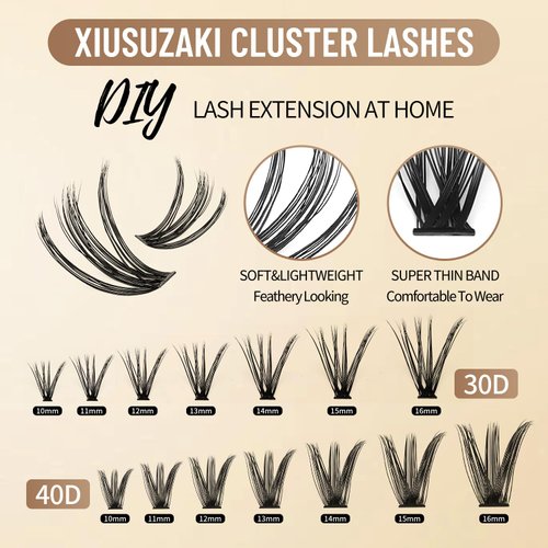 XIUSUZAKI Lash Clusters D Curl DIY Eyelash Clusters 30D+40D 280pcs Cluster Lashes 10-16mm Cluster Eyelash Extensions Individual Lashes Wispy Soft Lash Extensions At Home(30D+40D 0.07D,10-16mm Mixed)