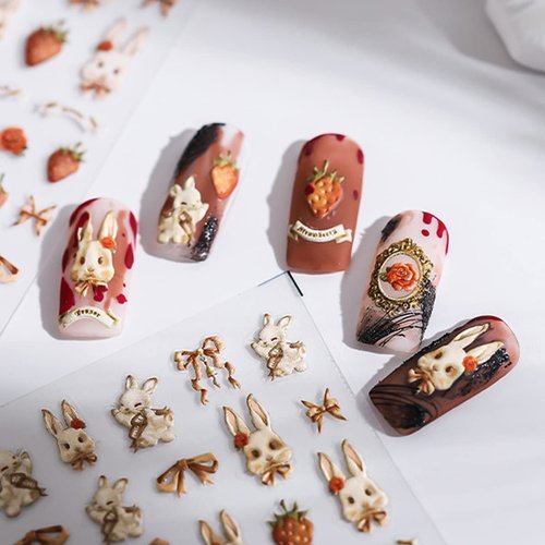 Easter Nail Art Stickers Decals, 5D Stereoscopic Embossed Nail Stickers Easter Egg Bunny Pattern Fingernail Stickers Decorations Bunny Rabbit 3D Easter Nail Wraps for Women Girls Kids(4 Sheets)