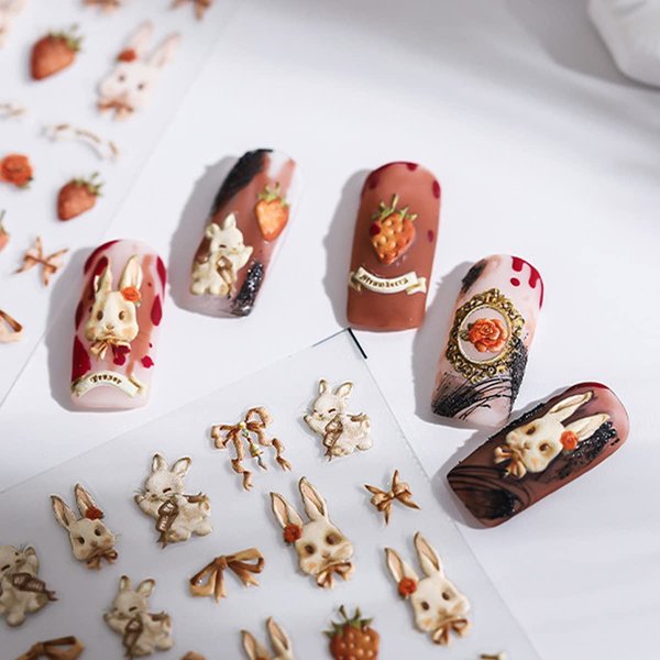 Easter Nail Art Stickers Decals, 5D Stereoscopic Embossed Nail Stickers Easter Egg Bunny Pattern Fingernail Stickers Decorations Bunny Rabbit 3D Easter Nail Wraps for Women Girls Kids(4 Sheets)