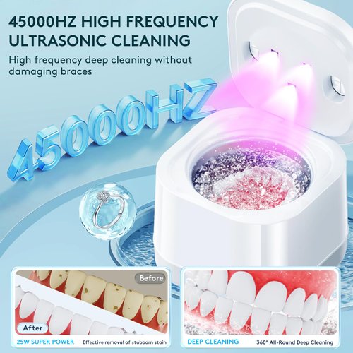 Ultrasonic Retainer Cleaner Machine - Ultrasonic U-V Cleaner for Dentures ligner, Mouth Guards, Braces, Toothbrush Heads, 45kHz Ultrasonic Retainer Cleaner for All Dental Appliances, Jewelry - White