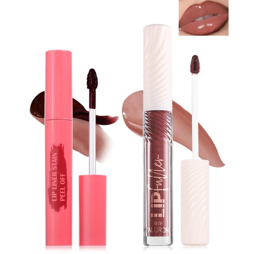 Brown Peel Off Lip Liner Stain & Brown Lip Oil Set, Waterproof Long Lasting Tattoo Peel & Reveal Lip Stain Tint, Hydrating Non-Sticky Tinted Lip Gloss Oil, Plumping Glossy Lip Combo Makeup for Women-C