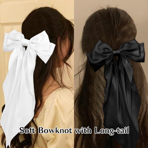 ANBALA Big Hair Bows for Women, 6 PCS Satin Ribbon Hair Bows Set, Tassel Bowknot Hair Clips with Long Tail, Cute Hair Barrettes Bowknot Tassel Bow Hair Clips for Girls (White and Black)