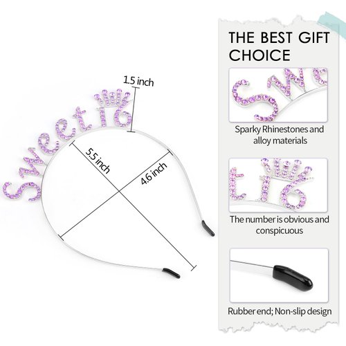 SuPoo Purple Sweet 16 Headband 16th Birthday Crown Birthday Decorations for Girls Shiny Rhinestone Birthday Tiara Princess Crown Sweet Sixteen Party Decorations Party Favors