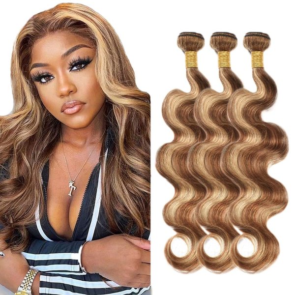 Highlight Body Wave Bundles Ombre Blonde Human Hair Bundle Real Brazilian Virgin Honey Blonde Human Hair 3 Bundles 12 14 16 Inch Brown Bundle Human Hair Extensions Piano Hair Bundles