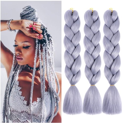 BALINGHAIR Braiding Hair Extensions Silver Grey Kanekalon Braids Hair Hot Water Setting (A40-3Packs)
