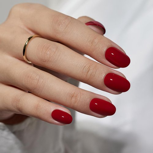 BTArtbox Press On Nails Short - Christmas Press on Nails Red Short Oval Nails Fall Fake Nail with Nail Glue, Fit Perfectly, Reusable Glue On Nails in 16 Sizes, Cardinal
