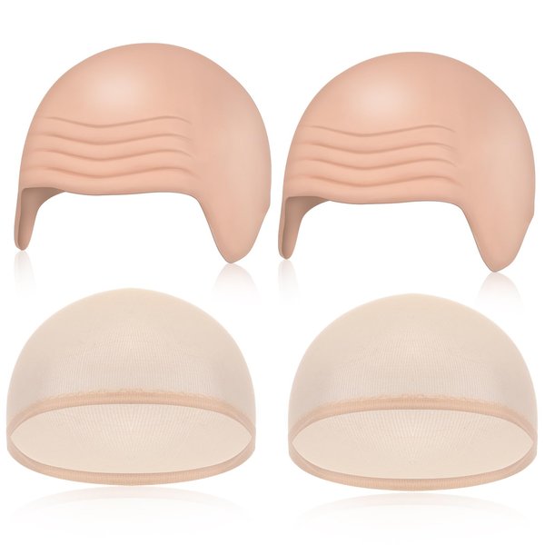 Syhood 4 Packs Halloween Bald Caps Makeup Latex Bald Head Wig Cap Bald Hat Costume Accessories for Women Men Adults (Nude)
