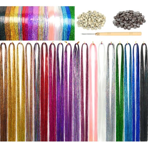 LyoRuSi Hair Tinsel Kit (48 Inch,18 Colors, 6750 strands), Fairy Tinsel Hair Extensions with Tools - Sparkling Shiny Hair Tinsel Heat Resistant Accessories