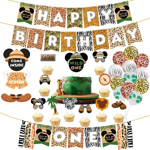 Mickey Safari 1st Birthday Party Supplies, Mickey Safari Happy Birthday Banner, Mickey Safari ONE Highchair Banner, Mickey Safari WILD ONE Cake Topper,10 Pcs Cake Topper 12 Pcs Latex Balloons for Baby Boy Girl ONE Birthday Party Decorations.