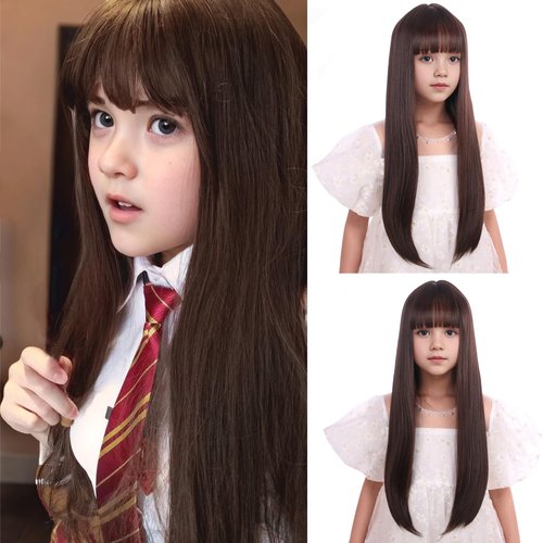 Edivd Brown Wig for Kids Girls Long Brown Wig with Air Bangs Long Brown Straight Wig for Child He...