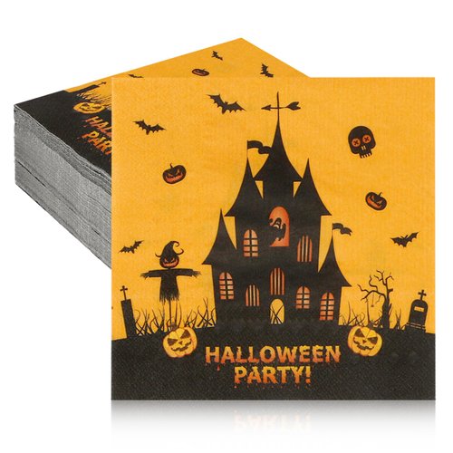 Halloween Napkins, 50 Pack Halloween Paper Napkins Disposable, Halloween Cocktail Napkins, Orange Black Castle Spooky House Decorative Dinner Hand Napkins for Halloween Party Supplies, 6.5 x 6.5 Inch