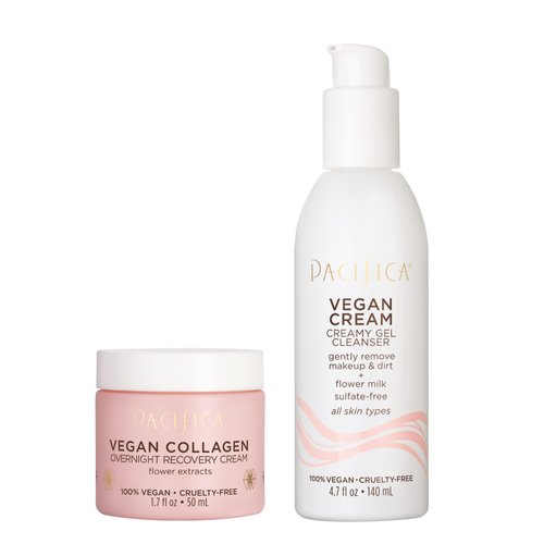 Pacifica Beauty Vegan Collagen Overnight Recovery Cream & Vegan Cream Creamy Gel Cleanser Set, Skincare, Face Wash, Moisturizer, Hyaluronic Acid, For Aging, Dry Skin, 1.7 oz and 4.7 oz (Set of 2)