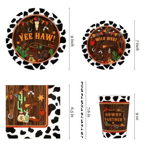 Western Birthday Party Supplies Decorations, Cowboy Wild West Theme Birthday Paper Plates and Napkins Set with Cups and Straws for 24 Guests, 120 Pcs Disposable Party Dessert Dinnerwares