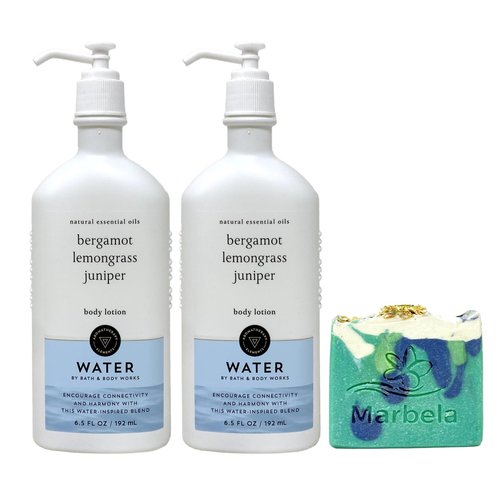 Bath & Body Works Aromatherapy Water Bergamot Lemongrass Juniper 2 Pack Body Lotion Gift Set Bundle with an Aloe Vera Bar Soap - Full Size