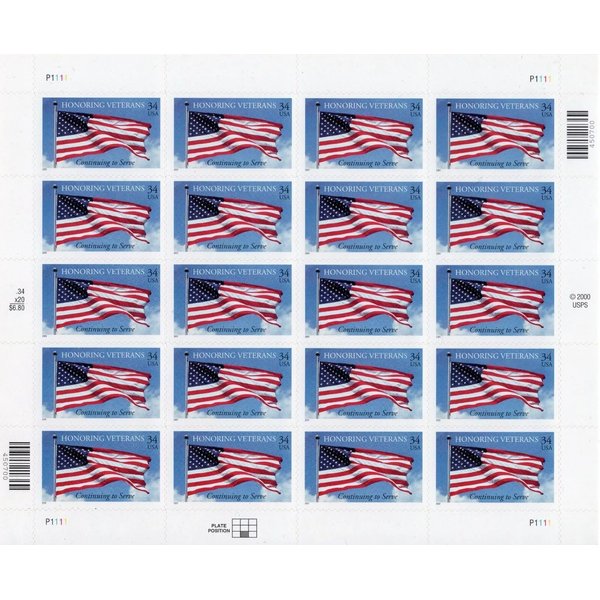 Honoring Veterans, Continuing to Serve (Sheet of 20) 34 Cent US Postage Stamps 2001 Scott 3508