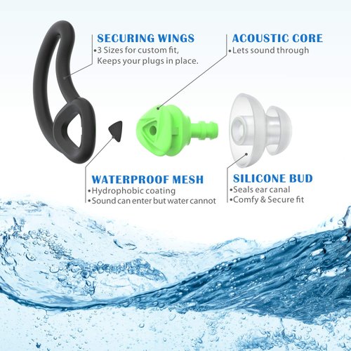 [2 Pairs] Ear Plugs for Swimming, Hearprotek Swim Ear Plugs Adults-Waterproof Silicone Water earplugs for Men Women Juniors Swimmers Pool Shower Bathing (Green)