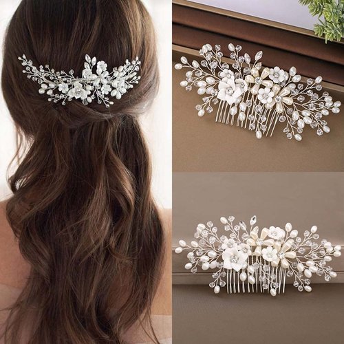 Foyte Flower Bride Wedding Hair Comb Crystal Leaf Bridal Headpieces Rhinestone Hair Pieces Pearl Bridesmaid Side Combs Hair Accessories for Women (pearl)