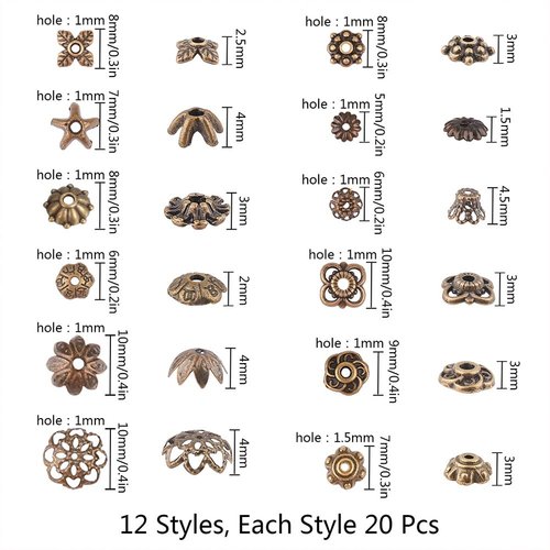 SUNNYCLUE 1 Box 240Pcs 12 Styles Spacer Beads Caps Bulk Vintage Style Antique Bronze Flower Bead Caps Alloy Metal Loose Spacer Flower Bead Cap for Jewelry Making End Caps Beads Assortment Fixed Mixed