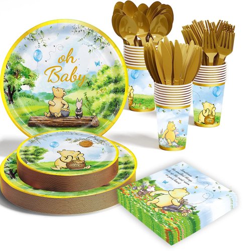 175pcs Vintage Winnie Bear Baby Shower Pooh Decorations Birthday Party Supplies Tableware Set (25 Guest)With Paper Plates Cups Napkins Cutlery for Boy Girl Newborn Birthday Party Dinnerware Decoration