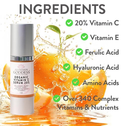Glimmer Goddess Organic Face Serum with 20% Vitamin C, 1.0 oz