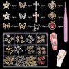 66Pcs Silver Gold Butterfly Heart Bow Nail Gems Charms Kit 3D Cross Star Nail Art Jewelry Alloy Rhinestones Gems Charms for Nail Art DIY Jewel Accessories