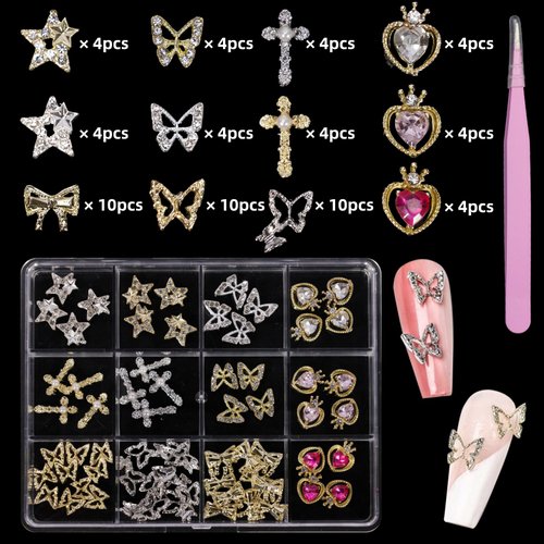 66Pcs Silver Gold Butterfly Heart Bow Nail Gems Charms Kit 3D Cross Star Nail Art Jewelry Alloy Rhinestones Gems Charms for Nail Art DIY Jewel Accessories