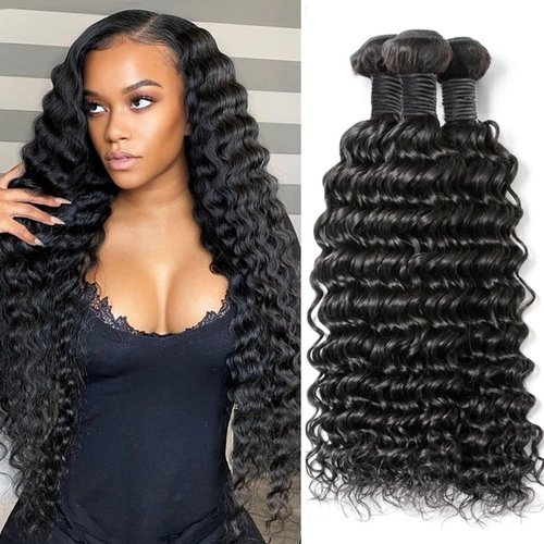 Deep Wave Bundles Human Hair Brazilian Virgin Hair Weave 3 Bundles Deep Curly 12A Grade Unprocessed Human Hair Extensions Natural Black 100g/pc (Deep Wave Bundles Human Hair, 10 12 14)