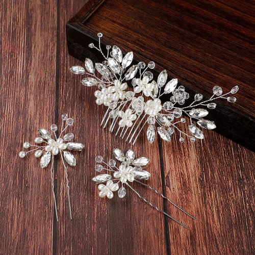 WILLBOND 3 Pieces Hair Accessories, Bridal Comb and Bride Wedding Hair Pins with Rhinestones and Pearls for Women Girls Hair Decoration Supplies, 3 Types (Silver)
