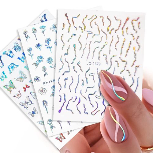 8 Sheets Butterfly Nail Art Stickers 3D Self Adhesive Nail Art Design Heart Laser Nail Sticker Holographic Glitter Butterfly Flame Laser Silver Flowers Nail Decals for Women Girls DIY Manicure Tips
