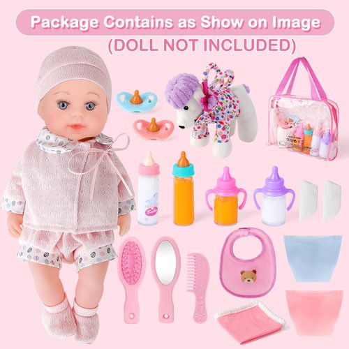 deAO Baby Doll Accessories Bag,20PCS Baby Feeding Accessories,Clothes,Doll Dog,Soother Dummy - Pretend Play Set for Birthday Gift Christmas(Doll Not Included)