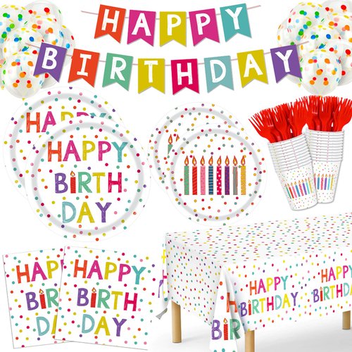 Birthday Party Decorations, 138Pcs Polka Dots Happy Birthday Party Supplies-Serves 24 with Birthday Plates and Napkins Birthday Banner Tablecloth for Boys Girls Birthday Party Decorations