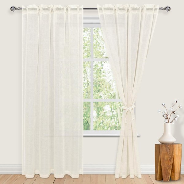 JIUZHEN Linen Sheer Curtains 96 inches Long 2 Panels with Tiebacks, Rod Pocket Privacy Light Filtering Textured Semi Sheer Drapes for Living Room/Bedroom，70 x 96 inch, Natural