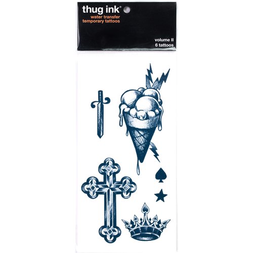 Thug Ink Temporary Tattoos - Volume II - 6 Temporary Tattoos ~ Face Tattoos ~ Ice Cream Cone, Dagger, Crown, Cross, etc ~ Thug Life ~ Fake Tattoos ~ Water-transfer Tattoos