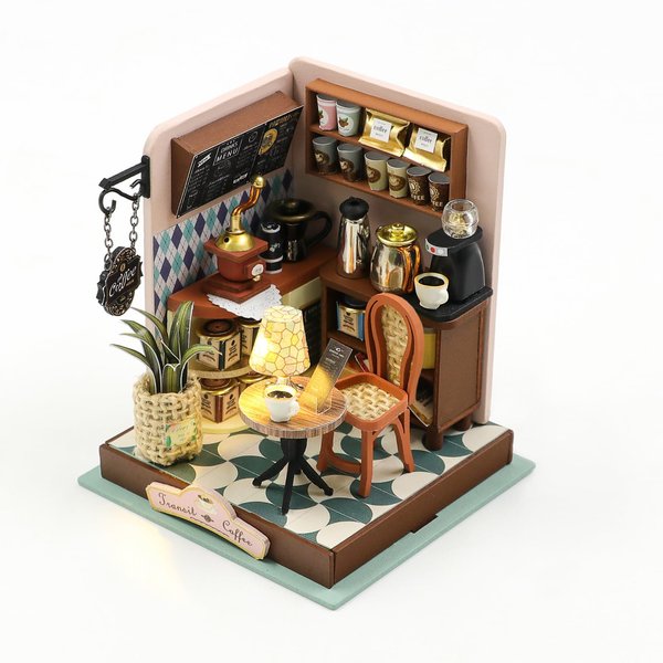 Kisoy Miniature DIY House Kit, Wooden DIY Dollhouse with Furniture for Teens and Adult, Handmade Dollhouse Toy with Furniture and Light for Birthday/Christmas Day(Meet Cafe)