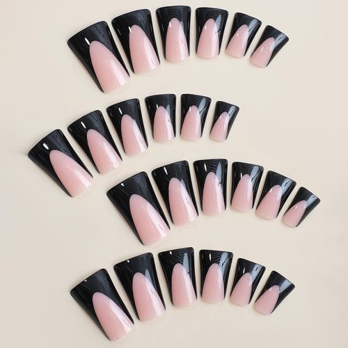 IMSOHOT Duck Press on Nails Medium Duck Feet Flared Fake Nails Black French Tips Nails Glossy Glue on Nails Full Cover Nude Gel Acrylic False Nails for Women 24Pcs