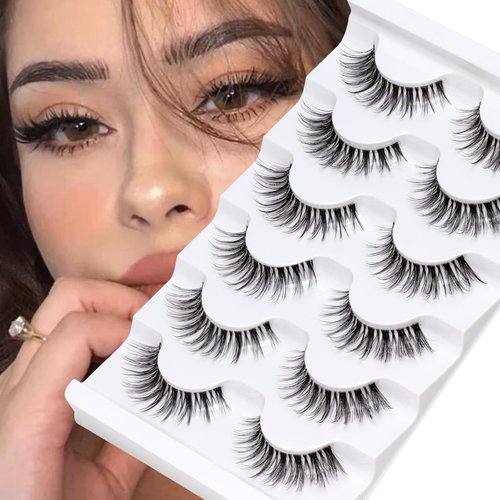 Veleasha Natural Lashes Clear Band Wispy Eyelashes Cat Eye Lashes 100% Handmade 3D Faux Mink Eyelashes Soft Fasle Eyelashes 6 Pairs Pack(10-14mm)