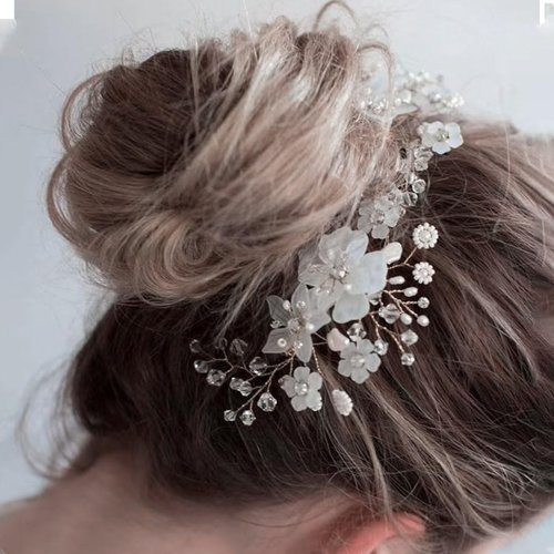CASOLVX 3PCS Bridal Hair Comb Crystal Flower Headpieces Peal U-shaped Hairpin Wedding Hair Accessories Set for Bride Bridesmaids Women