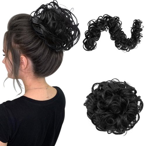 Benehair Messy Bun Hair Piece Juva Bun Hair Scrunchie Fluffy Curly Touseld Updo DIY Wrap Around Ponytail Hairpiece 32inch Wavy Donut Chignons for Women Dark Black 85g