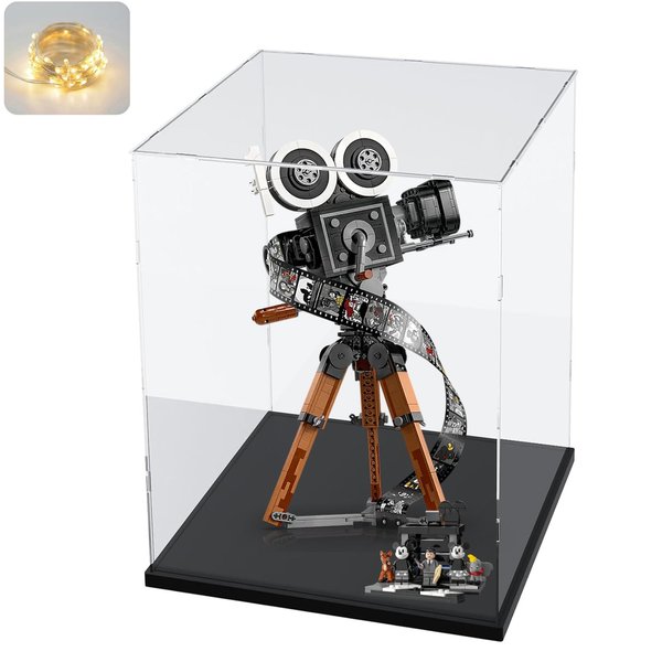 Thickened Clear Acrylic Display Case with Wood-Plastic Base for Lego 43230 75398 76989 21349 Figures Transparent Box Organizer Protection, Black Inside 9.8x9.8x15.7 inch
