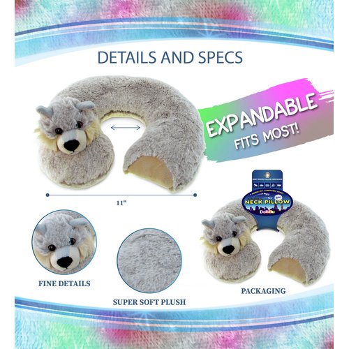 DolliBu Wolf Plush Neck Pillow - Soft Travel Neck Pillow Animal for Neck & Head Support, Cute Wild Life Stuffed Pillow Accessory for Naps, Novelty Stuffed Animal Headrest for Kids & Adults