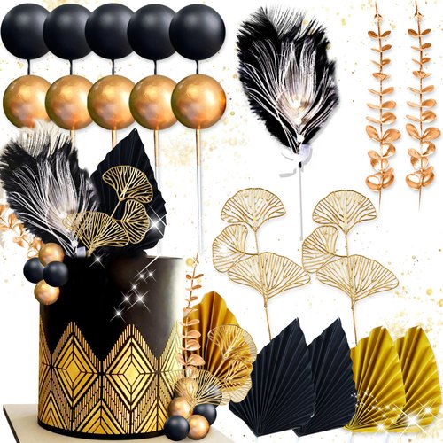 19Pcs Black Gold Balls Cake Topper Gold Leaves Cake Decoration Prom Cake Decoration Roaring 20s Cake Decoration 1920s Party Supplies New Year Eve Party Supplies