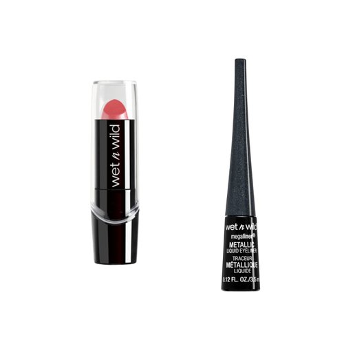 Silk Finish Lipstick Sunset Peach with MegaLiner Metallic Liquid Eyeliner Cosmic Black Bundle