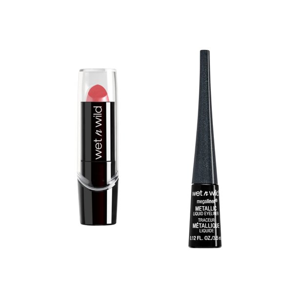 Silk Finish Lipstick Sunset Peach with MegaLiner Metallic Liquid Eyeliner Cosmic Black Bundle