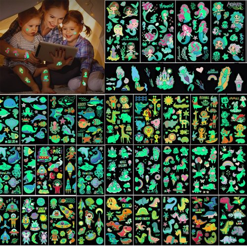 Luminous Tattoos for Kids, 409Pcs Mixed Styles Temporary Tattoo Stickers Glow in the Dark Tattoos for Boys and Girls Unicorn Dinosaur Mermaid Animals Shark Space Fake Tattoo Stickers Party Gift