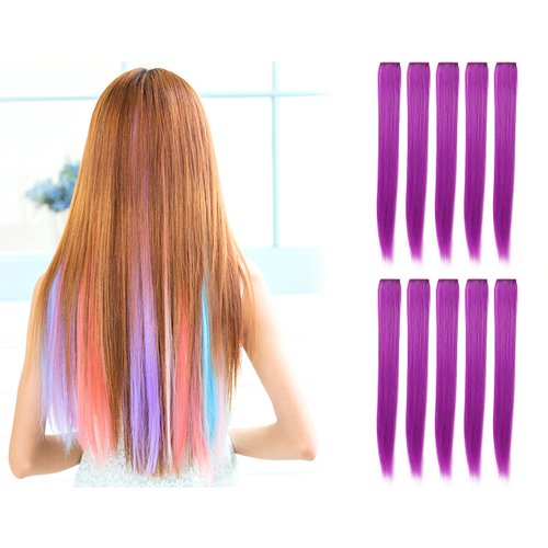 OneDor 23 Inch Colored Party Highlights Straight Hair Clip Extensions. Heat-Resistant Synthetic Hair Extensions in Multiple Colors (10 Pcs Purple)