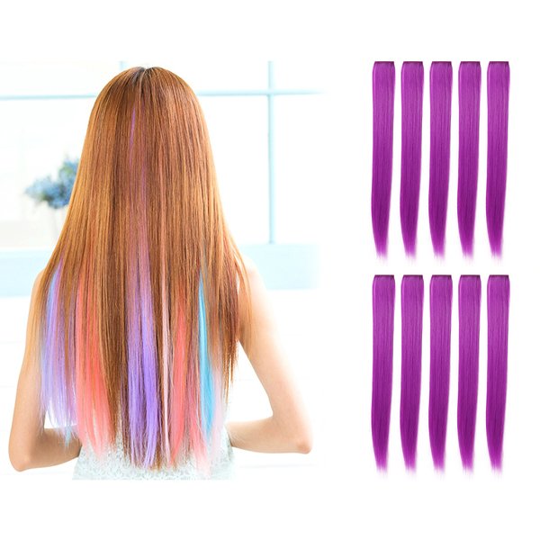 OneDor 23 Inch Colored Party Highlights Straight Hair Clip Extensions. Heat-Resistant Synthetic Hair Extensions in Multiple Colors (10 Pcs Purple)