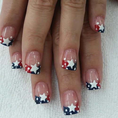4th of July Press on Nails Blue Red French Tip Fake Nails Polka Dots White Star Full Cover Tip Glue on Nails Patriotic Independence Day Nail Design Short Square False Nails for Women Acrylic Nails